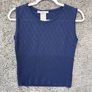 Vintage 90s Women’s Sweater Vest Navy Blue Medium Ribbed Crop Sleeveless Top